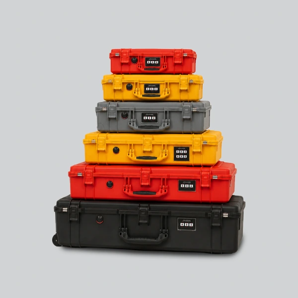 Stack of custom Pelican cases in red, yellow, grey and black